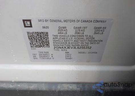 2020 Chevrolet Equinox Fwd 2Fl z USA, uszkodzony, nr VIN 2GNAXJEV3L6255352